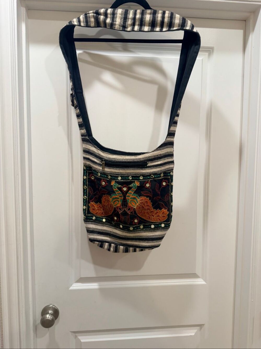 Tribe Azure Striped Peacock Embroidered Boho Hobo Crossbody Shoulder Bag Purse
